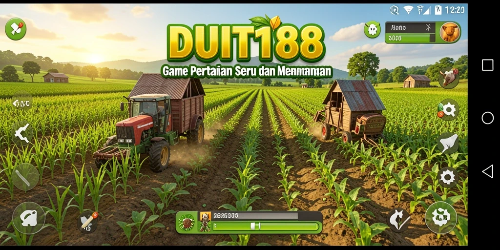 Screenshot gameplay DUIT188 menampilkan ladang yang subur dan tanaman yang siap dipanen.