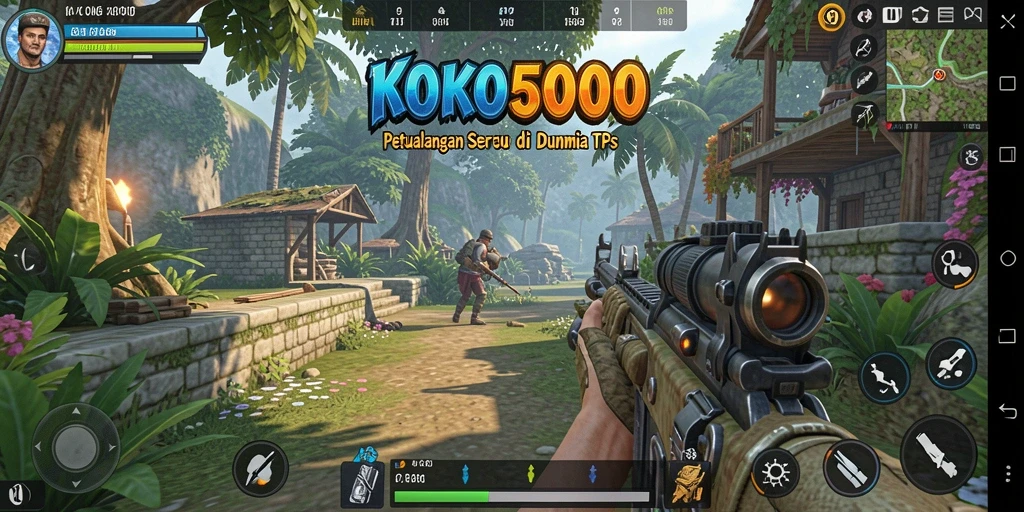 Screenshot gameplay KOKO5000 menunjukkan aksi tembak-menembak yang mendebarkan.