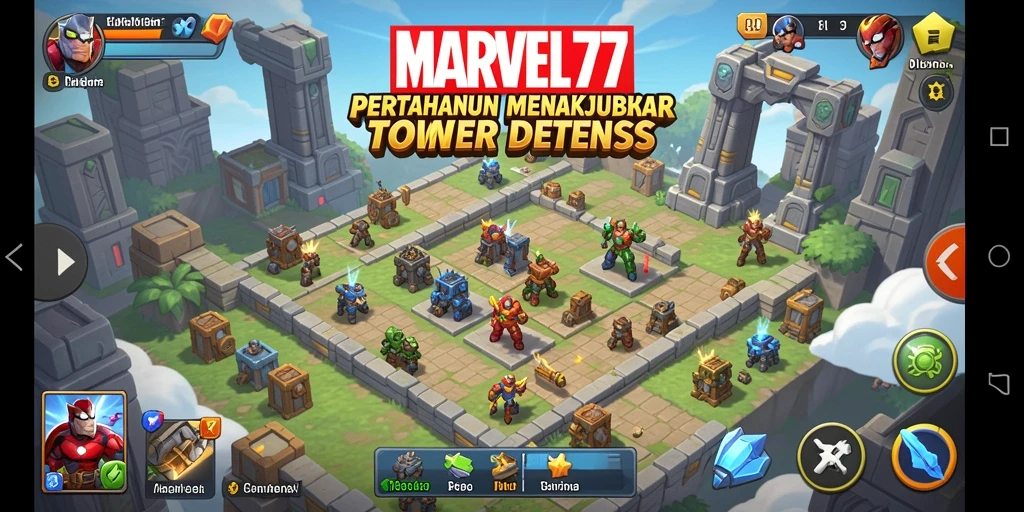 Tampilan gameplay MARVEL77 yang menarik dalam genre Tower Defense.